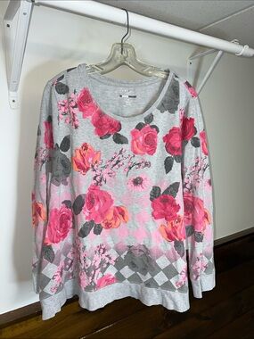 Style & Co. Floral Crewneck Sweatshirt in Gray‎ and Pink- 3X
